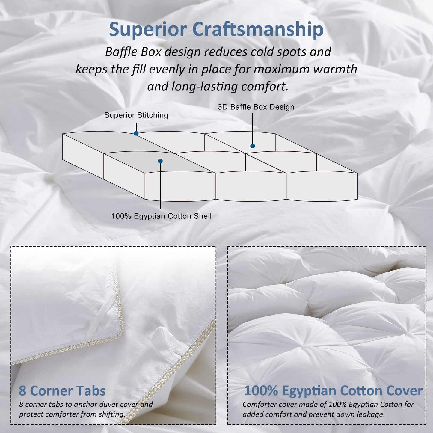 Luxurious Goose Down Feather Fiber Comforter Duvet Insert, Exquisite Pinch Pleat White Design, Oversize Palatial King White 128 x 98, Premium Baffle Box 100% Egyptian Cotton, 80 oz Fill Weight