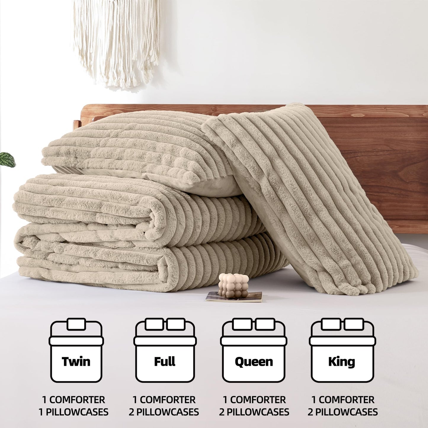 Smoofy Fluffy King Size Comforter Set 3 Pieces - Linen Fleece Fluffy Comforter Set, Luxury Fuzzy King Bedding Set, Soft King Bed Set All Season, Heavy Faux Fur Comforter with 2 Pillow Cases