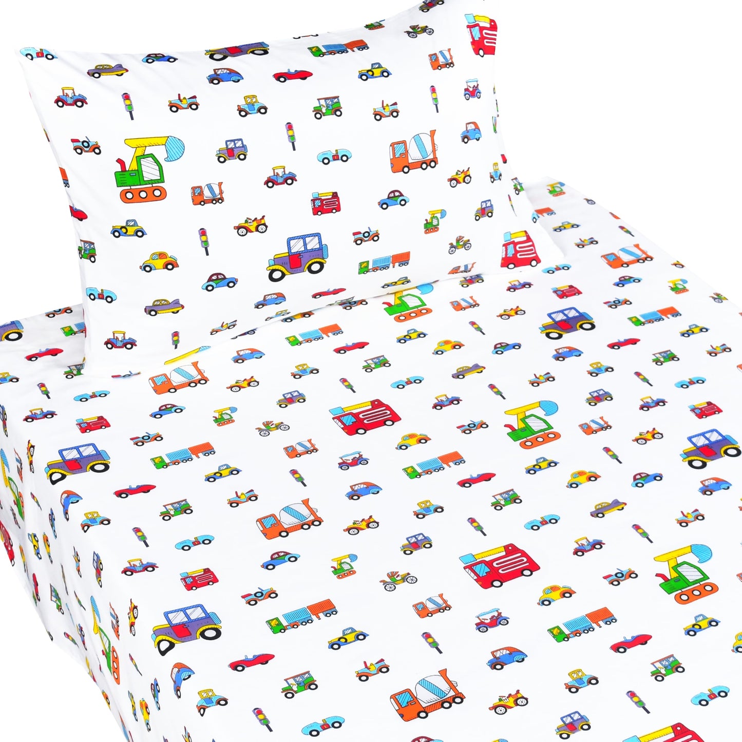 Scientific Sleep Little Cars Big Trucks Fire Cars Train Engineering Vehicle Cute Fun 100% Cotton Cozy Twin Bed Sheet Set, Flat Sheet & Fitted Sheet & Pillowcase Bedding Set