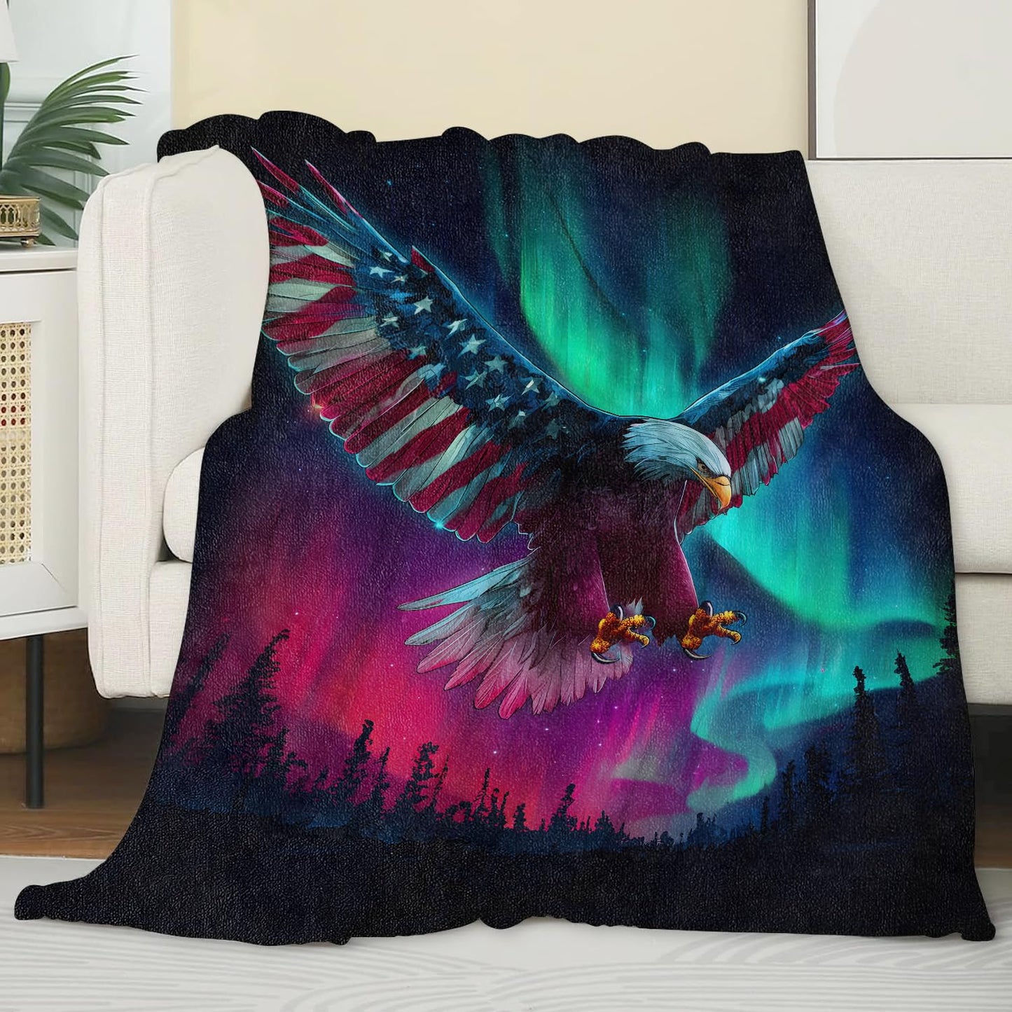 Zeleda Bald Eagle Flannel Blanket, Soft Cozy Throw with Wildlife American Flag, Patriotic Majestic Home Bedroom Decor and Gifts for Men Veterans, Lightweight Blankets for All Seasons, 50x60 Inch