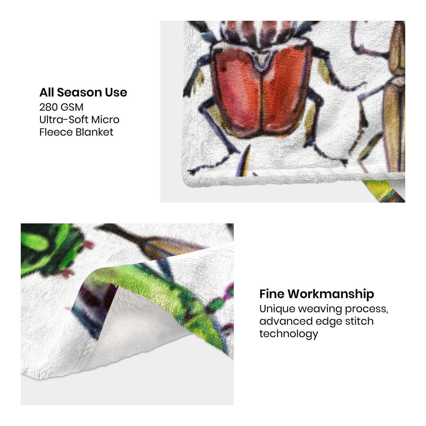 Colorful Beetle Insect Print Blanket 60"x80" - Ultra Soft Flannel Fleece Throw for Adults & Kids, Bug Lover Gift, Cozy Lightweight Blankets for Couples & Children, All-Season for Bed/Couch/Camping