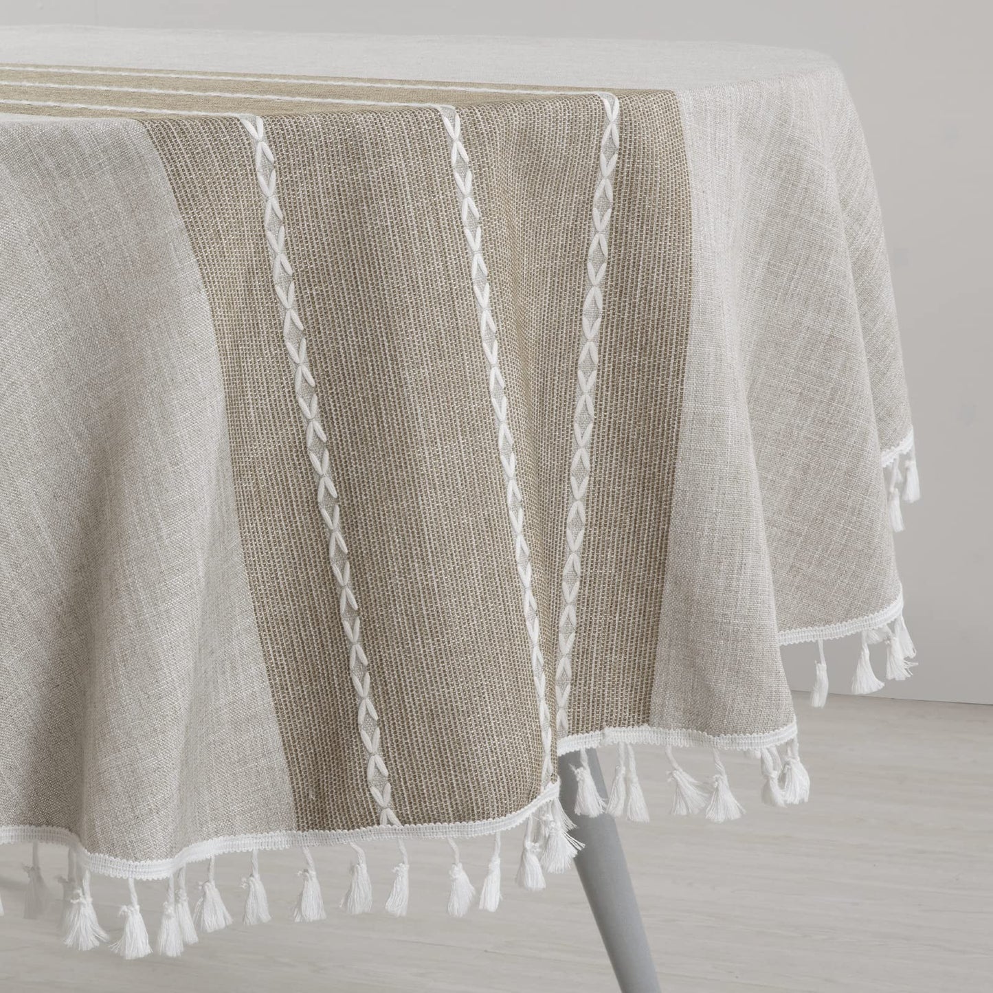 HOMBYS Solid Embroidery Oval Tablecloth with Tassels for Oval Table, 60 x 84 Inch Lace Dust-Proof Table Cover for Kitchen Dinning, Wrinkle Free Anti-Fading Tabletop Decoration
