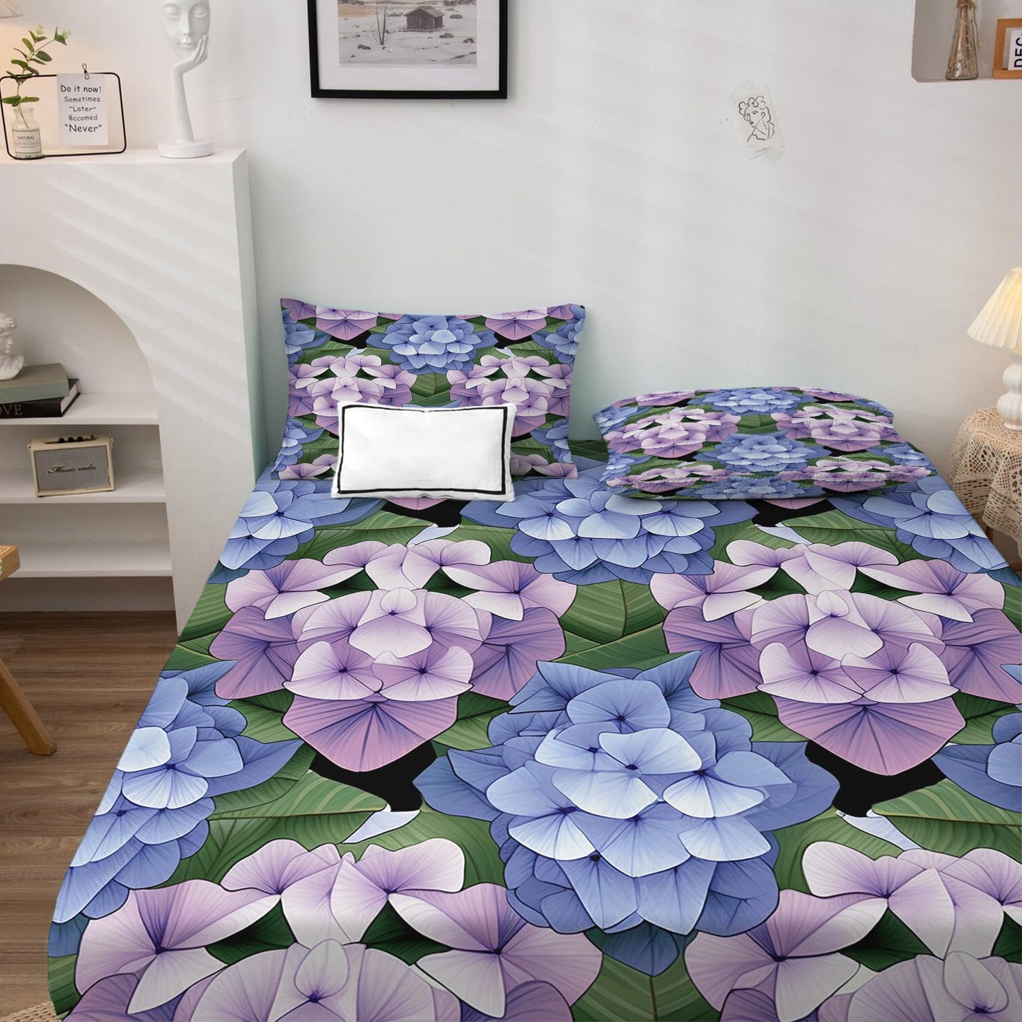 zcsm Hydrangea Sheets King Sheet Sets - Floral Bed Sheets, Soft Microfiber & Deep Pocket & Wrinkle Free Patterned Bedding Sheets & Pillowcases, 4 Piece (1 Fitted Sheet, 1 Flat Sheet, 2 Pillow Cases)