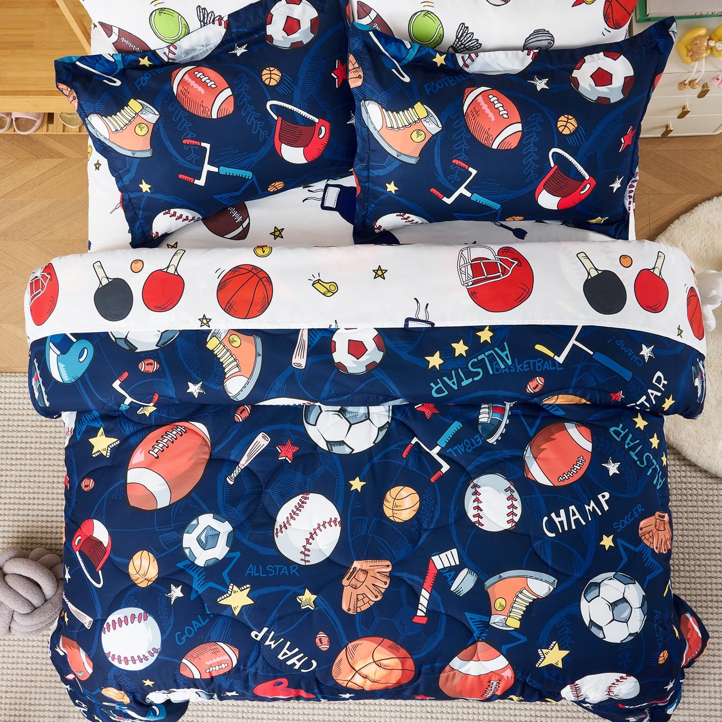 Jameswish 7 Pieces Sports Comforter Set for Boys Kids Soft Fluffy Baseball Bedding Set Full Size with 3D Soccer Basketball Football Design Bed in A Bag as Gifts