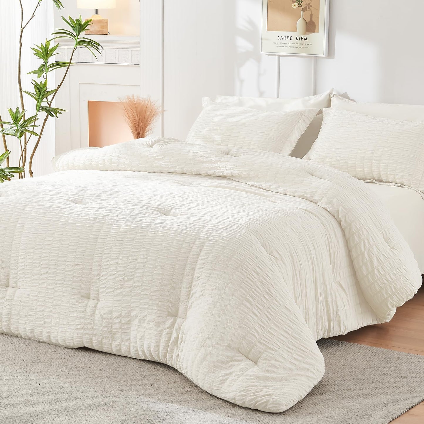 HYMOKEGE Ivory Oversized Queen Comforter Set Seersucker 7 Pieces, All Season Luxury Bed in a Bag for Bedroom, Bedding Set with Comforter, Sheets, Pillowcases & Shams