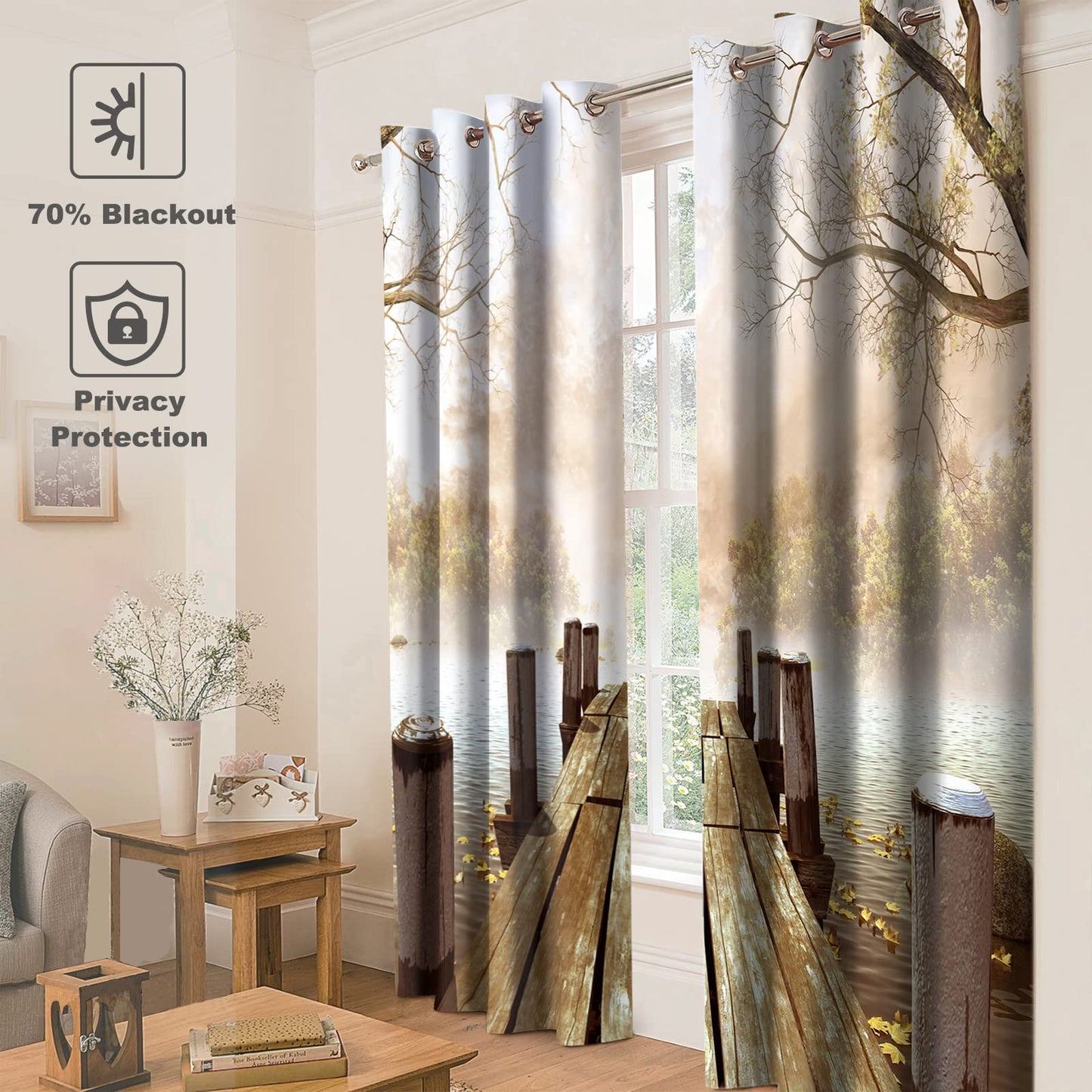 Jekeno Old Wood Jetty Foggy Forest Blackout Curtains Wooden Lake Fall Nature Landscape Autumn Fallen Leaves Decor Home Bedroom Living Room Darkening Grommet Window Drapes 2 Panel Set, 52"x84"