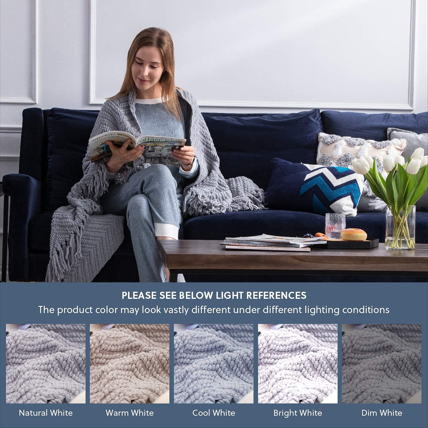 Bedsure Throw Blankets for Couch - Textured Chunky Knit Woven Chenille Blanket - Super Soft, Warm Decorative Boho Throw with Tassels for Bed, Sofa and Living Room Decor, Grey, 50x60 Inches