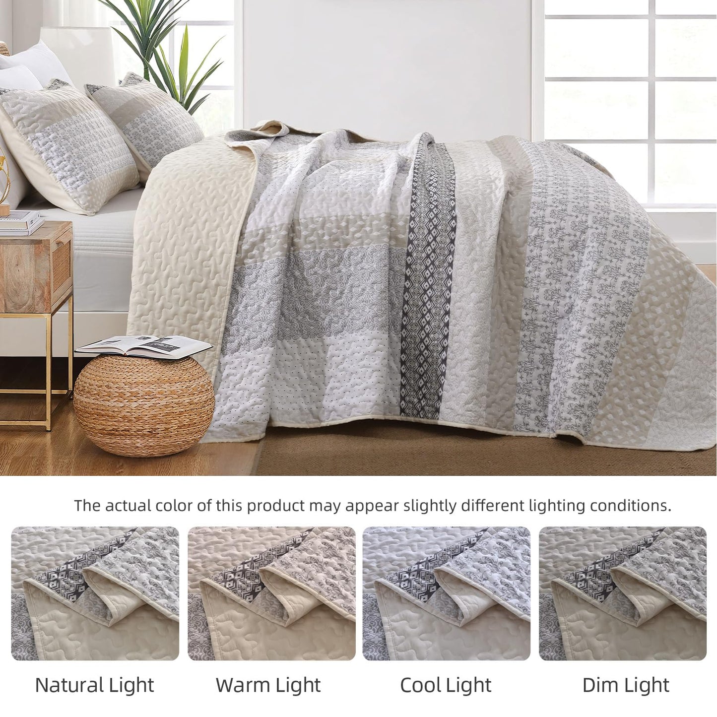 WONGS BEDDING Beige Quilt King Size, Bohemian Stripe Quilt Sets 3 Pieces Boho Quilted Bedspread Set Lightweight Microfiber Coverlet Bedding Set All Season (104"x90")