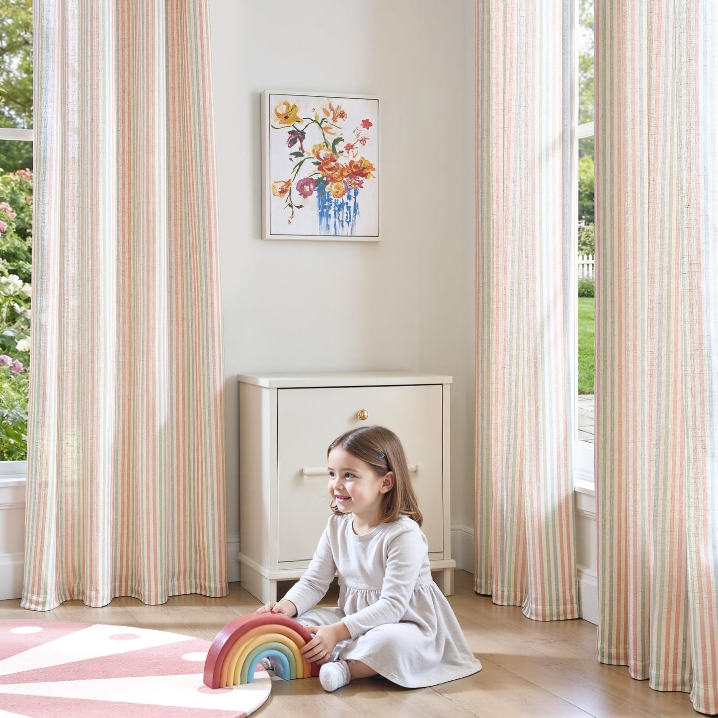 jinchan Linen Curtains for Living Room Candy Striped Curtains 84 inch Length for Baby Girls Kids Room Ticking Stripe Pattern Light Filtering Nursery Drapes Grommet Window Treatments 2 Panels Candy