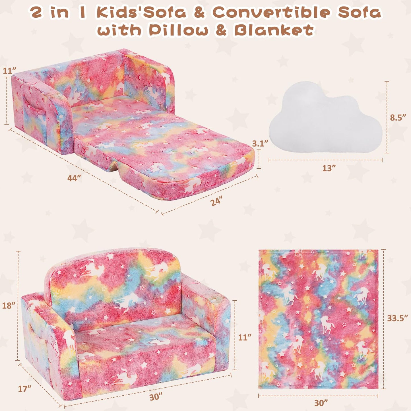 Foryoomi Extra Wide Kids Couch, Kids Sofa, Toddler Sofa, Glow in The Dark, 2-in-1 Soft Toddler Couch with Blanket and Pillow, Pink