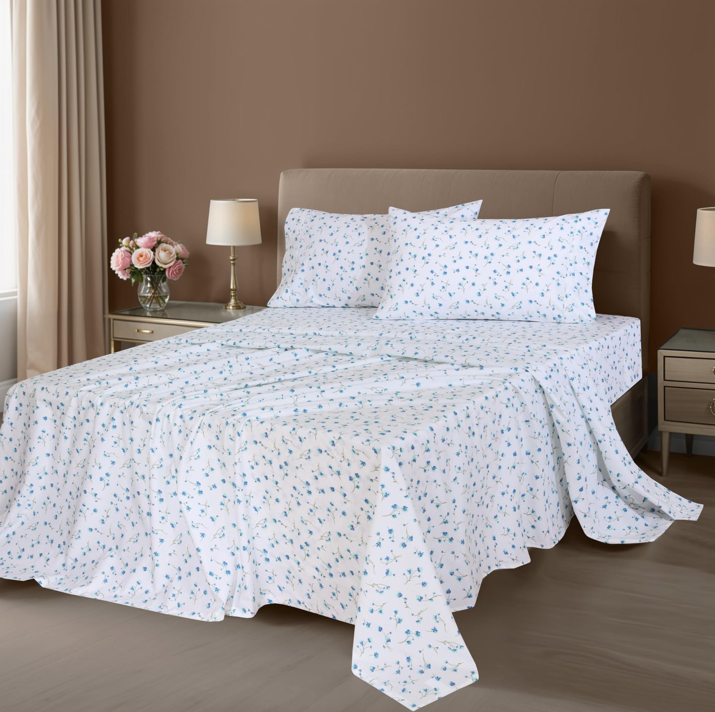 ZOYER 100% Cotton Percale Sheets Queen – Cooling Breathable Bed Sheets for Hot Sleepers, Crisp Hotel Style Bedding, Deep Pocket 16”, Lightweight Soft Durable 4 Pcs Sheet Set, La Laa Flower