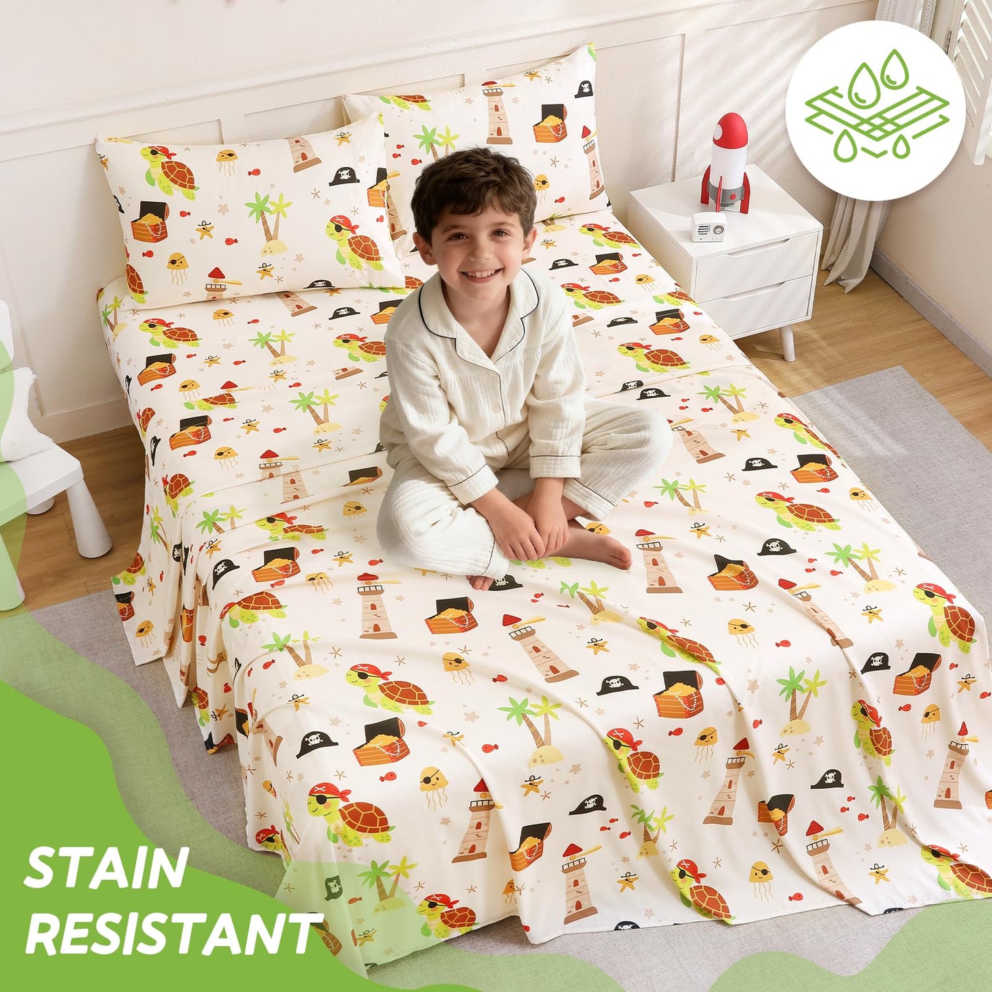 ChicView Full Sheet Set Kids,4 Pieces Breathable Soft Microfiber Bedsheets for Child Boys Girls, Anti Pilling Deep Pockets Easy Care Bed Sheets, Turtle