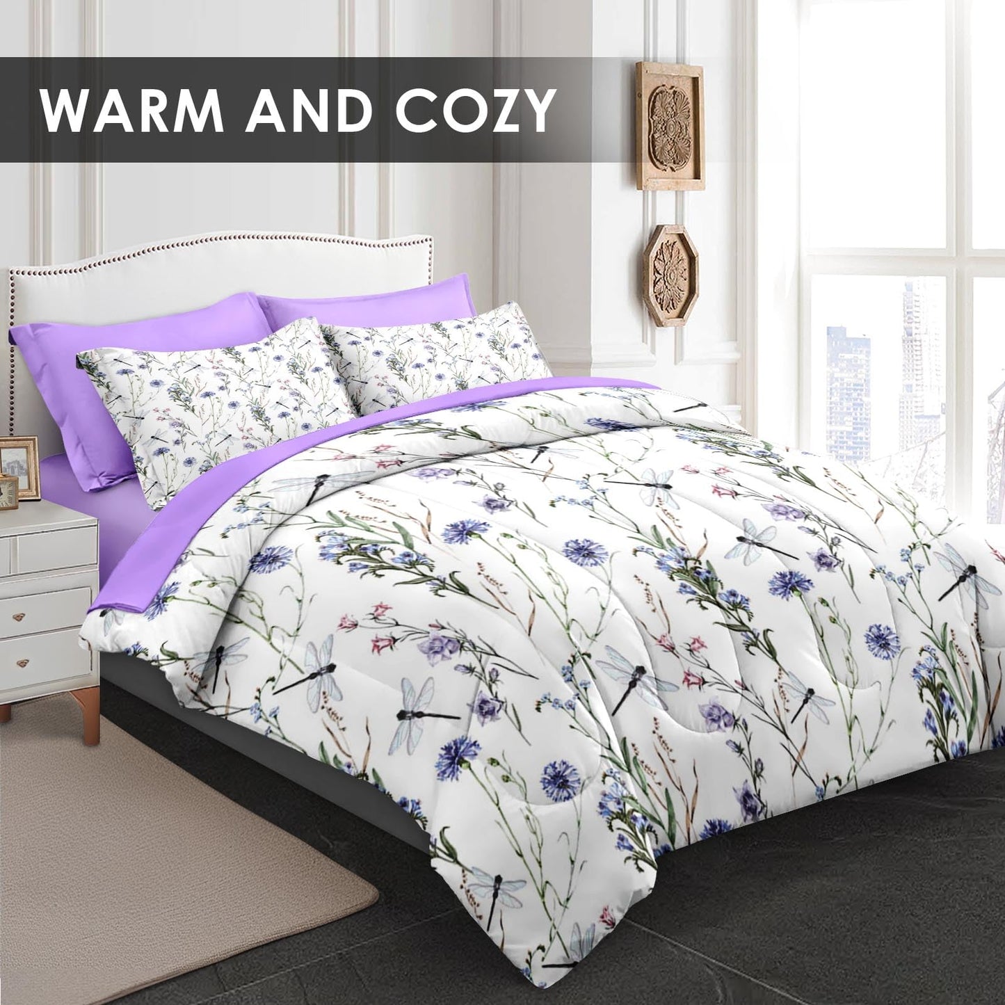 Pamnest Comforter Set Twin Size, Botanical Flower Dragonfly 5 Pcs Bedding for Kids and Adults, Herb Plant Wildflowers Bed Sheet Sets with Fitted Sheet Pillowcase & Sham for Bedroom Bed Decor