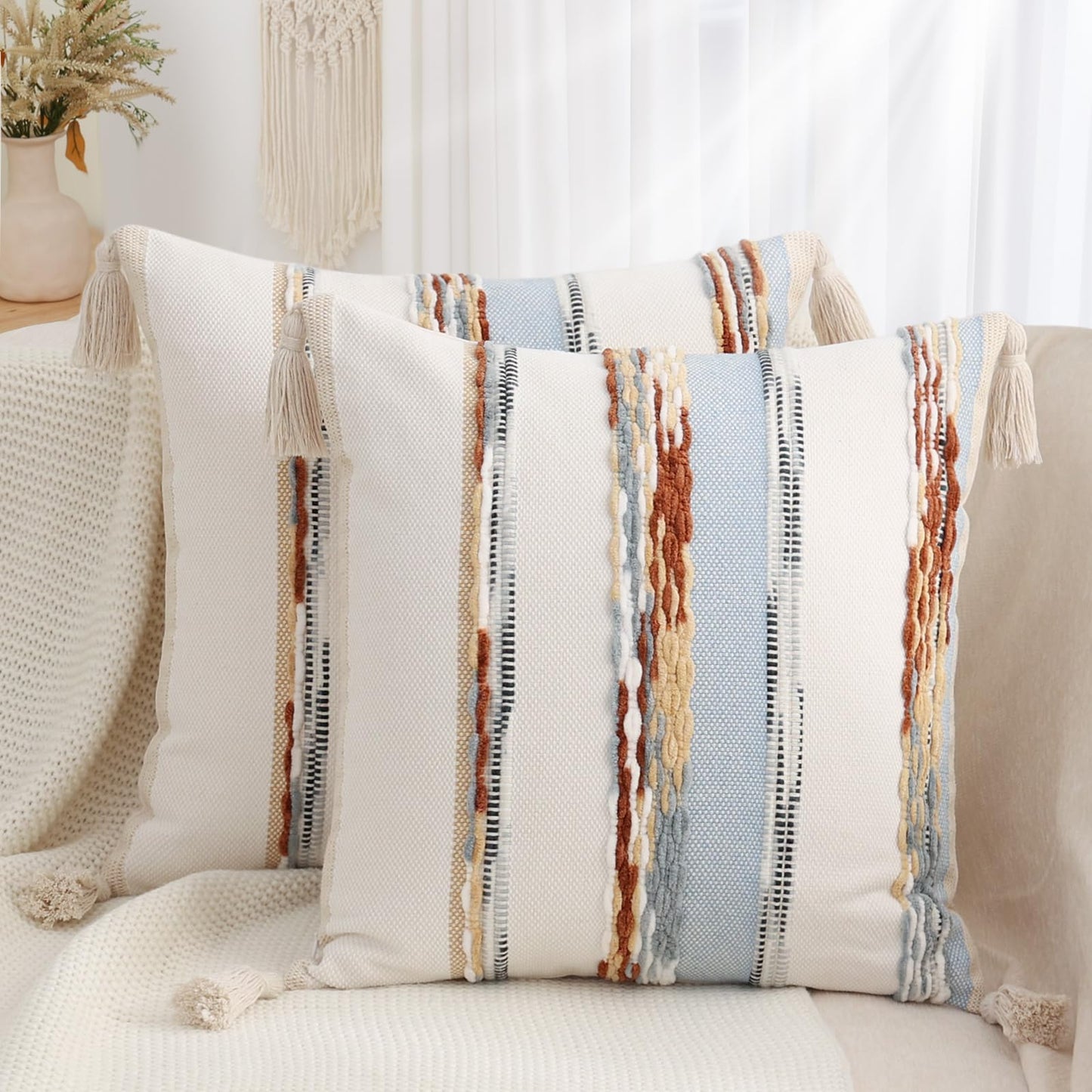 Simmore Boho Decorative Throw Pillow Covers 18x18 Set of 2, Tufted Farmhouse Pillow Covers with Tassels for Cozy Bohemian Couch Sofa Bedroom Home Decor, Blue