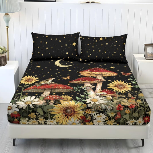 ZDCUSTOM Night Mushroom Bedsheet Sets of 3 Children's Room Decor Fitted Sheet with 2 Pillowcases Twin XL Size Bed Sheets 9.8" Deep Pocket Sunflower Bedding Setsr for Bedroom Decor, 39" x 79"