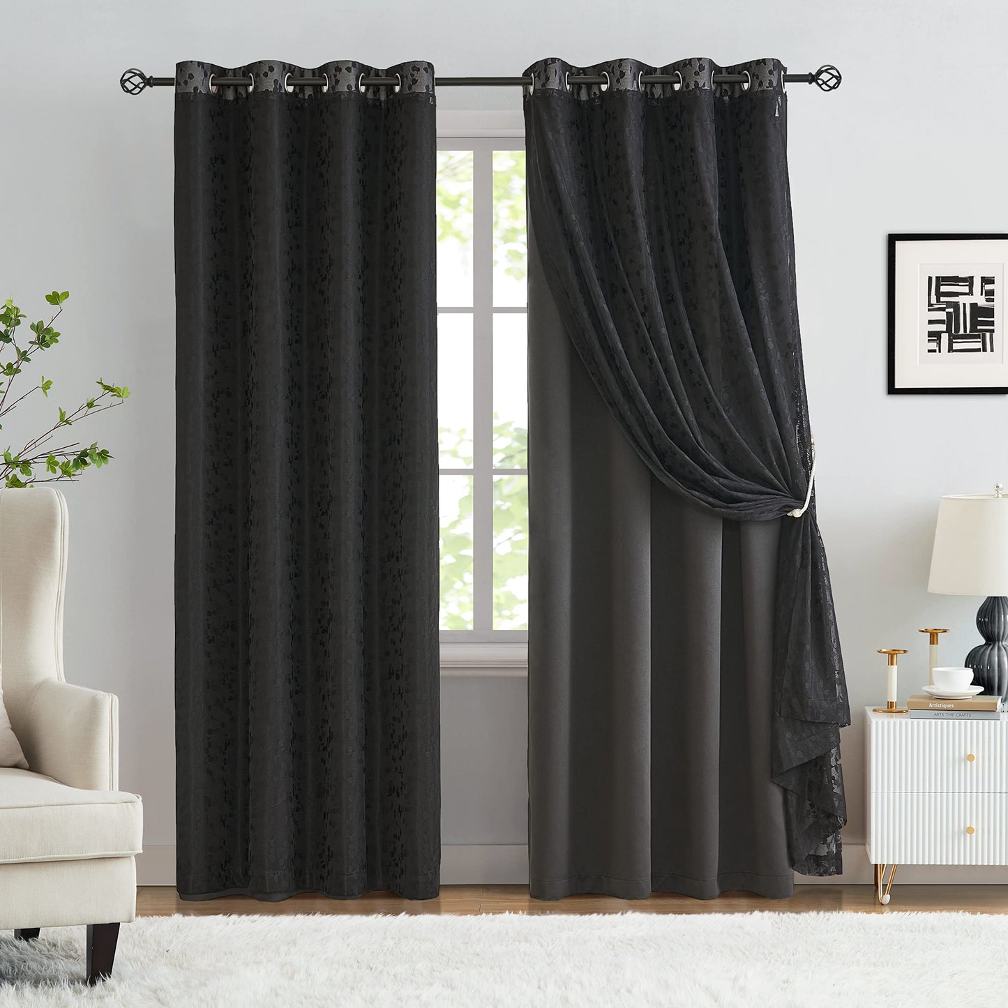 Jubilantex Full Blackout Curtains + Leaf Sheer Window Panels, Mix and Match Style Double Layer Window Treatment Sets for Bedroom Living Room, 4 Panels 52" W x 63" L, Black and Black