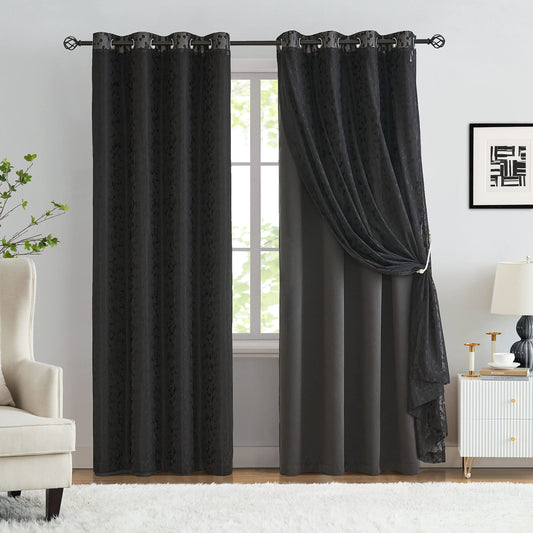 Jubilantex Full Blackout Curtains + Leaf Sheer Window Panels, Mix and Match Style Double Layer Window Treatment Sets for Bedroom Living Room, 4 Panels 52" W x 63" L, Black and Black