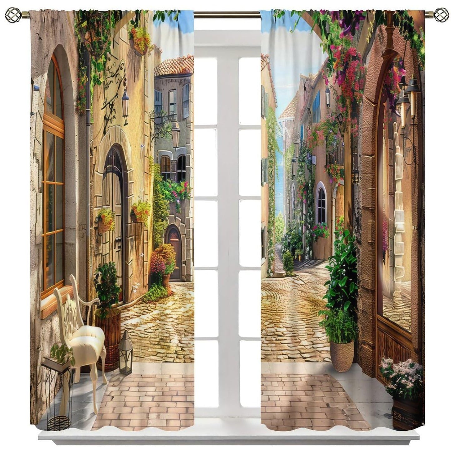 GoDazzling European Italian Curtains, Old Mediterranean Street Stone Rock House Floral Porches Pastoral Town Scenery Window Drapes, for Living Room Bedroom 41" W X 45" L (No Blackout)