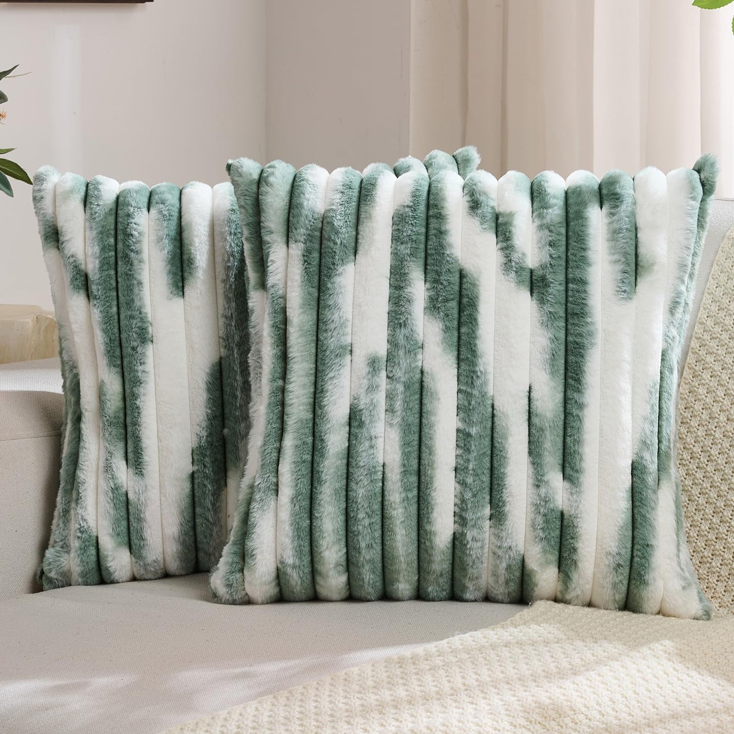 FUTEI Pack of 2 Faux Fur Plush Throw Pillow Covers 18x18 Inch Soft Tie Dye Striped Textured Farmhouse Decorative Cushion Covers Modern Home Decor for Couch Bed Living Room, Dark Green White