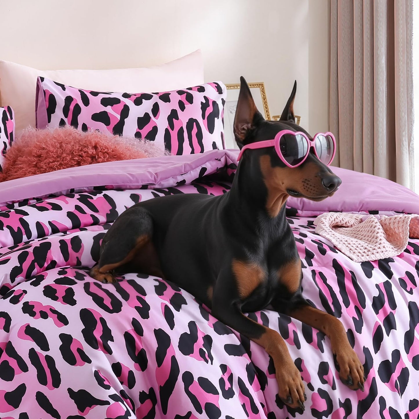 JANZAA Leopard Print Comforter Set King Size - 3 Pieces Animal Cheetah Printed Comforter Set, Cozy Soft Fluffy Pink/Floral Print Bedding Set with 2 Pillowcases for All Season
