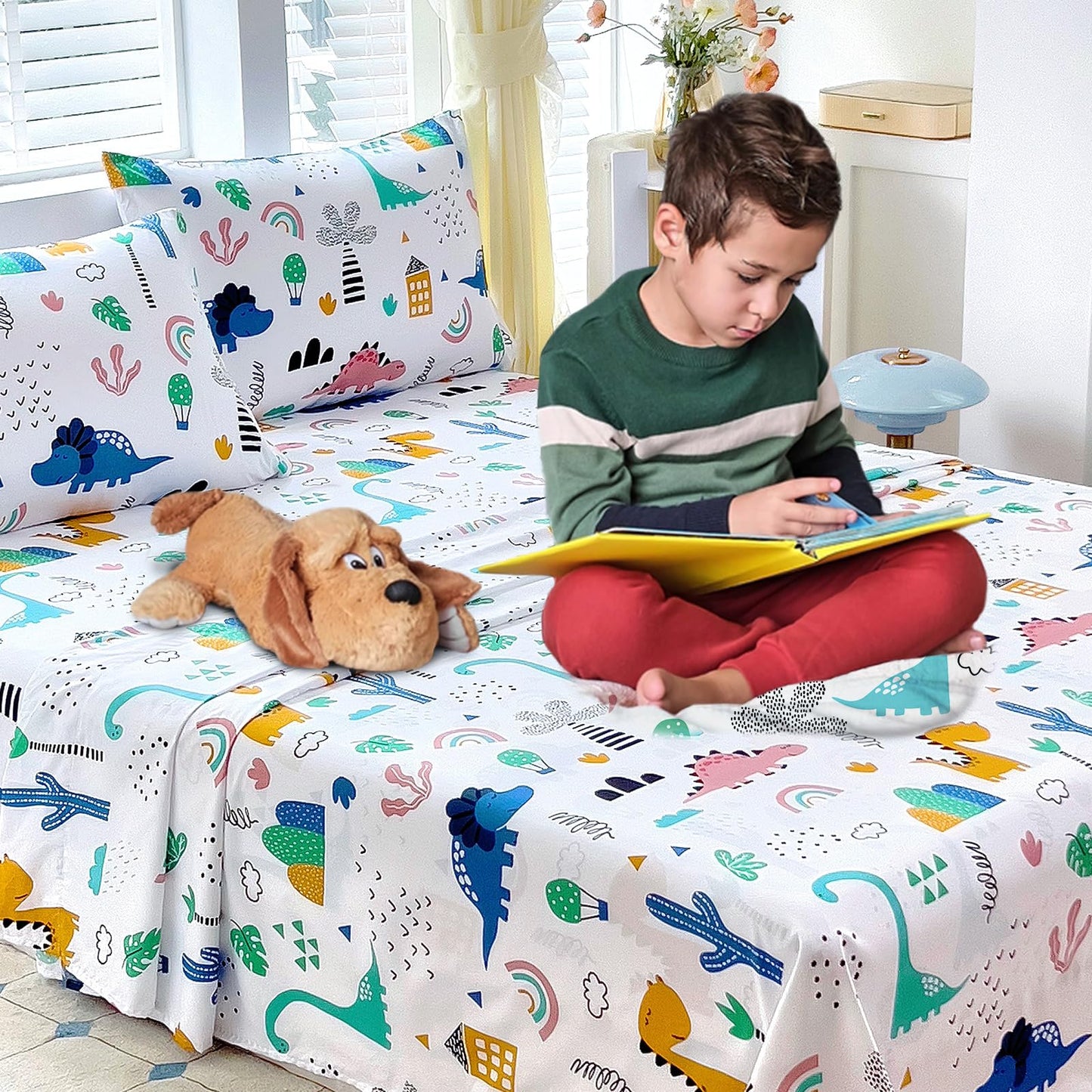 Homilay Full Sheet Set Kids - Dinosaur 4 Pieces Soft Microfiber Cartoon Style Bedsheets for Boys Girls Teens, Oeko TEX Breathable 15 Inch Deep Pocket Sheets(Jurassic Period)