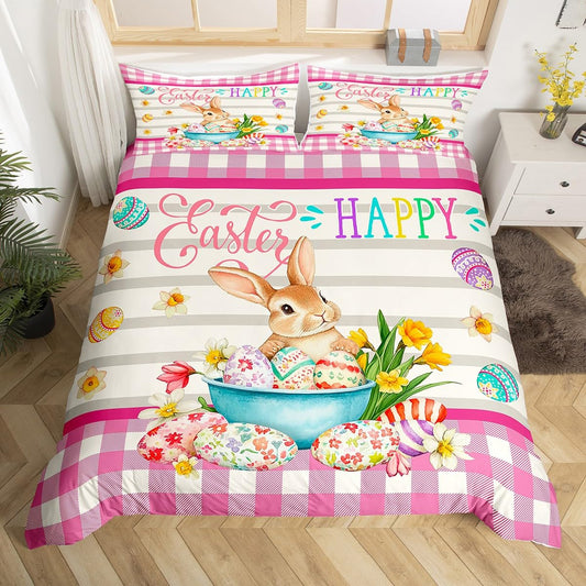 Erosebridal Easter Decorations,Rabbit Comforter Cover Happy Easter Themed Easter Egg Duvet Cover,Pink Yellow Tulip Flowers Checkered Grid Bedding Set Queen,Easter Gifts for Kids Kawaii Room Decor