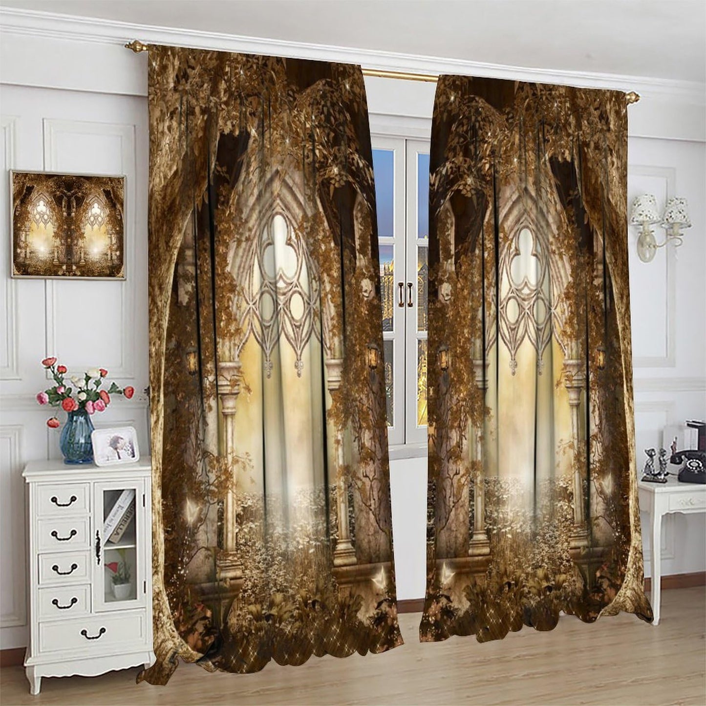 YCness Fantasy Nature Autumn Leaves Curtains, Landscape Golden Sparkle Gothic Fantasy Gate Magic Dreamland Fairy Window Treatments for Kitchen Living Room Bedroom Home, 2 Panels 42x45 Inch