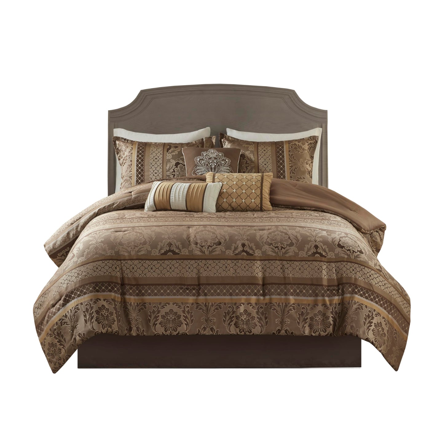 Madison Park Bellagio Cozy Comforter Set - Luxurious Jaquard Traditional Damask Design, All Season Down Alternative Bedding with Matching Shams, Decorative Pillow, King(104"x92"), Brown/Gold 7 Piece