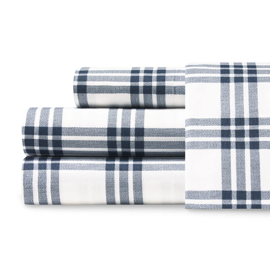 Eddie Bauer - Twin Sheet Set with Fitted Sheet & Pillowcase, 100% Cotton Percale Bedding, Crisp & Cool, Dorm Room Essentials, Navy Plaid