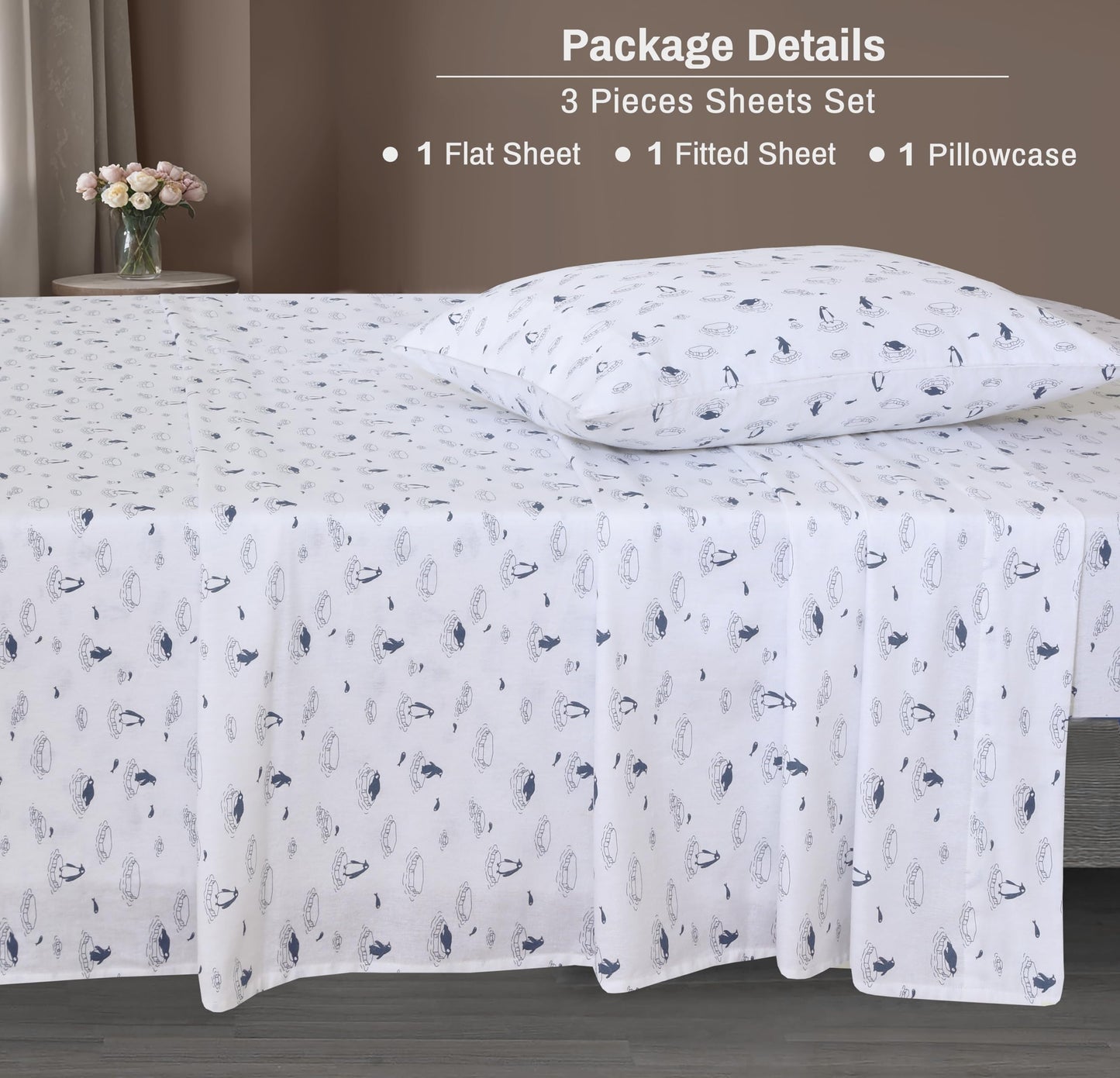 ZOYER Flannel Sheets Twin XL Size - 100% Cotton Double Brushed Twin XL Sheet Sets, Deep Pockets 16 Inches, All Seasons Breathable & Extra Soft Bed Sheets, Warm & Cozy, 3 Piece, Penguin Edge