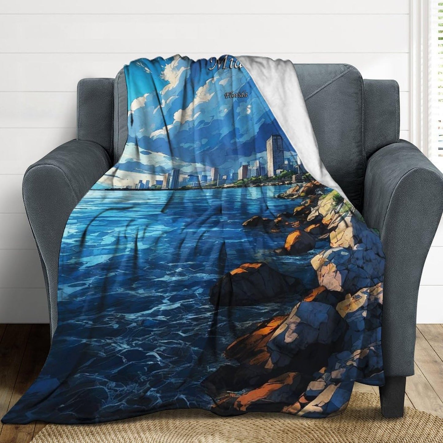 Miami Florida City Skyline Landscape Abstract Blanket Soft Flannel Lightweight Blanket Outdoor Travel Carry Living Room Bedroom Sofa Decoration Gifts 50x60 Inch