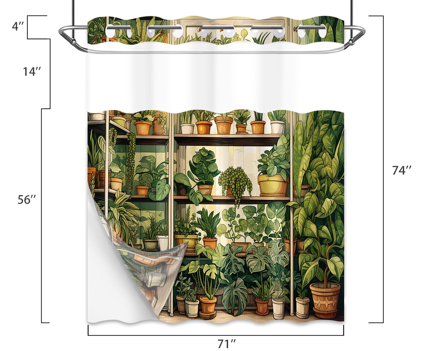 Plant Hookless Shower Curtain with Snap in Liner, 71" W X 74" L