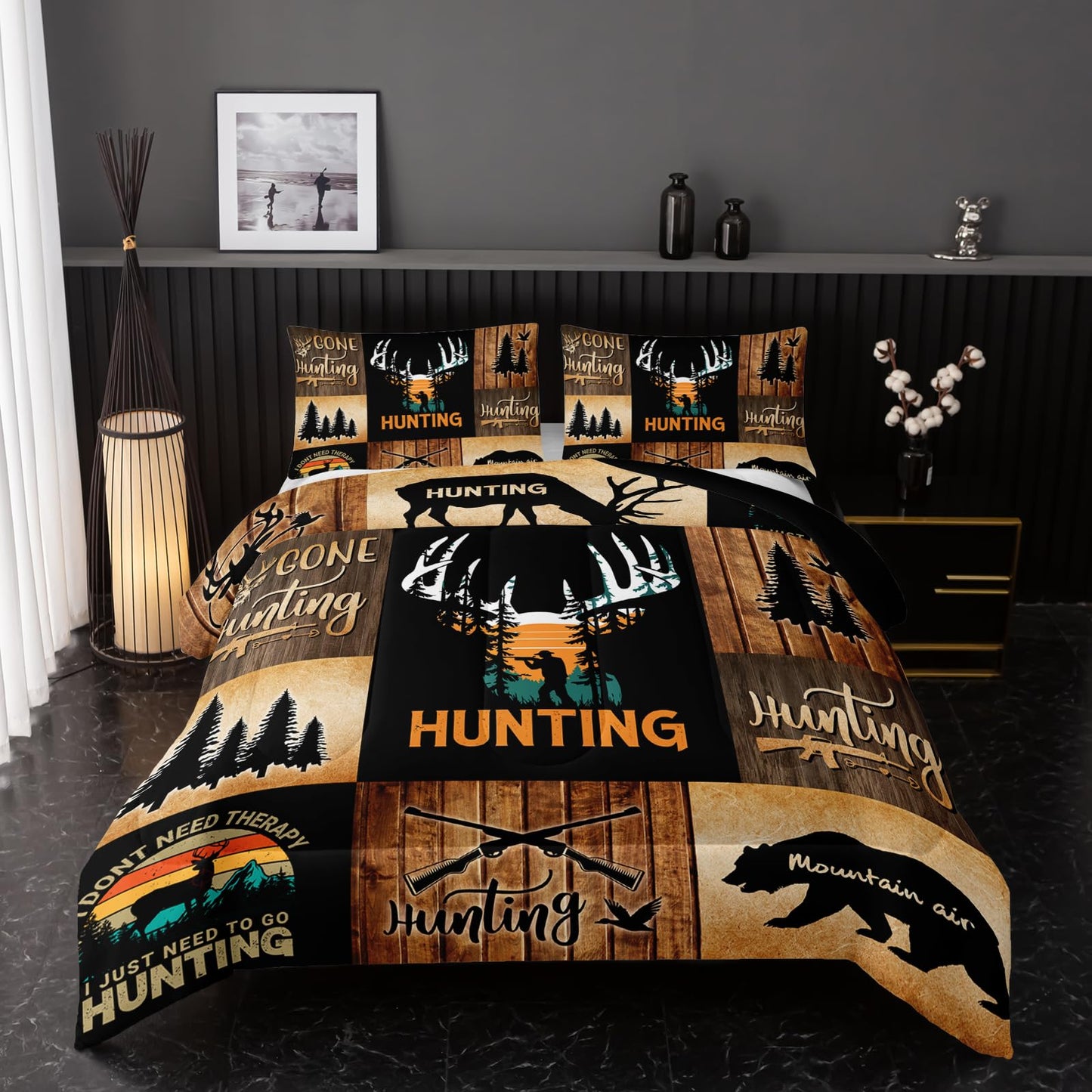 Nttopship Deer Moose Hunting Comforter Set Twin,Bear Hunting Bedding Set 3 Piece for Girls Women Teens Adult Kids Boys,Rustic Bear Comforter Set 3pcs Wildlife Hunting Room Decor with 2 Pillowcases