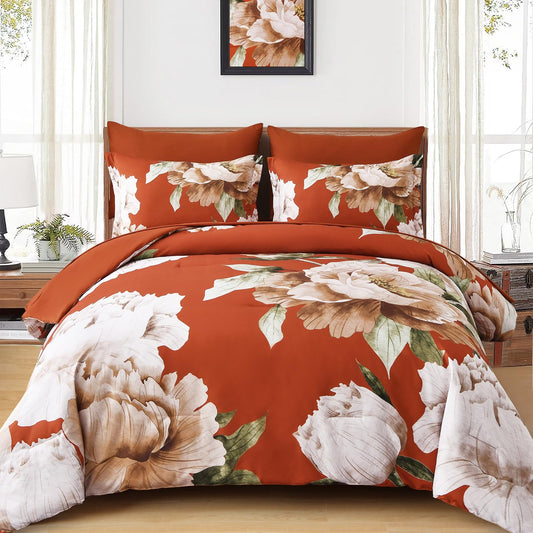 Dobuyly Burnt Orange Comforter Set Queen 7 Piece Bed in a Bag, Floral Printed on Terracotta Comforter Set with Sheets, Soft Microfiber Botanical Fall Bedding Set for All Season