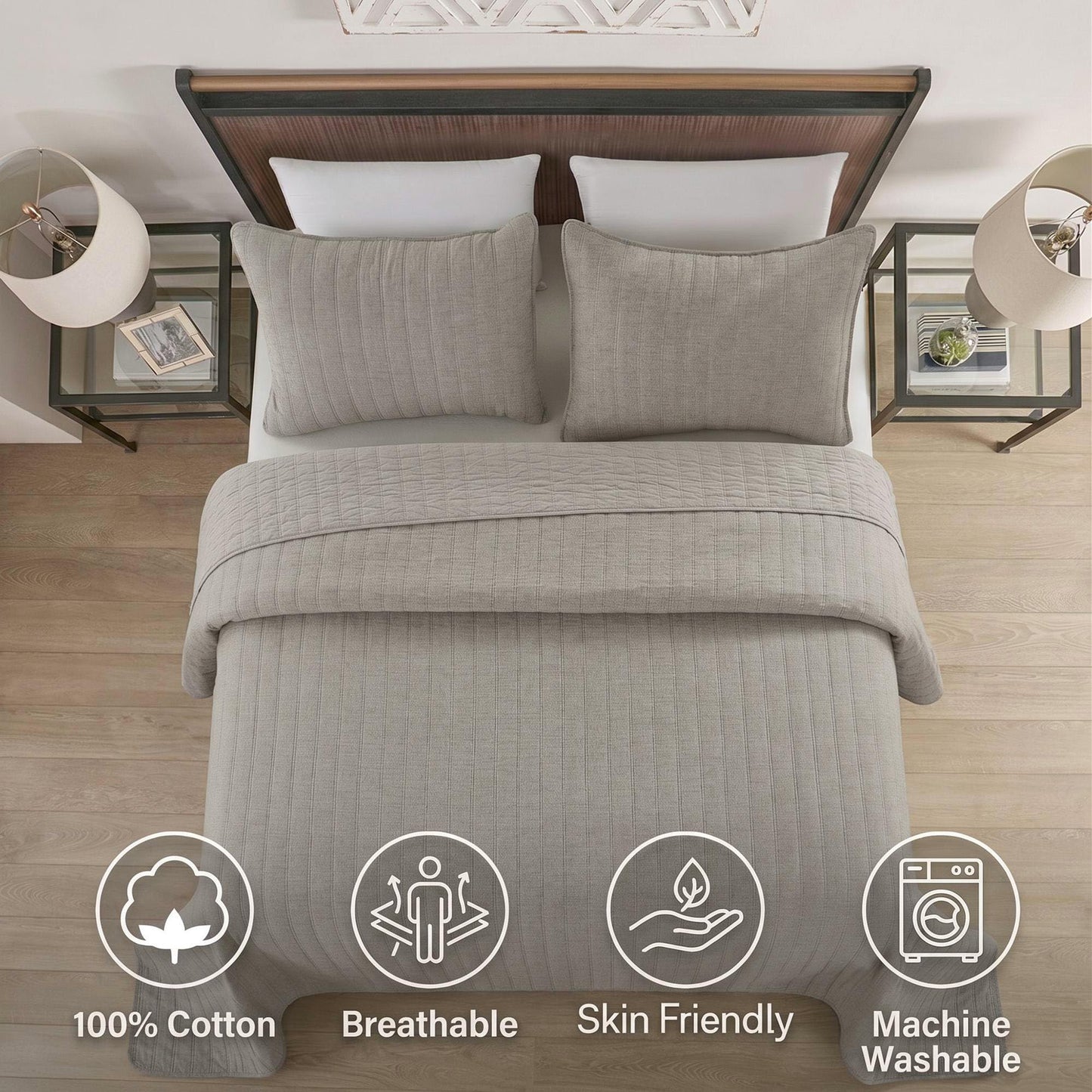 Cotton Brushed Herringbone Quilt Set 3-Piece Prewashed, Queen Size, Vertical Stitch All-Season Bedspread, Soft Cozy Coverlet Bedding for Bedroom, Natural Color.