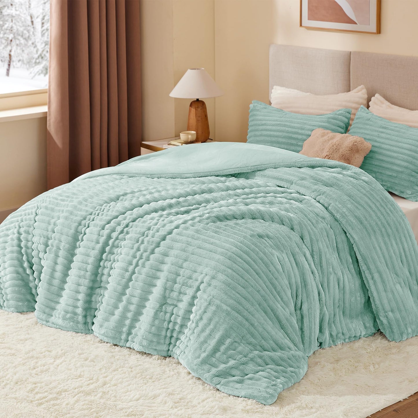 BEDELITE Fleece Queen Comforter Set -Super Soft & Warm Fluffy Light Green Bedding, Luxury Fuzzy Heavy Bed Set for All Season with 2 Pillow Cases