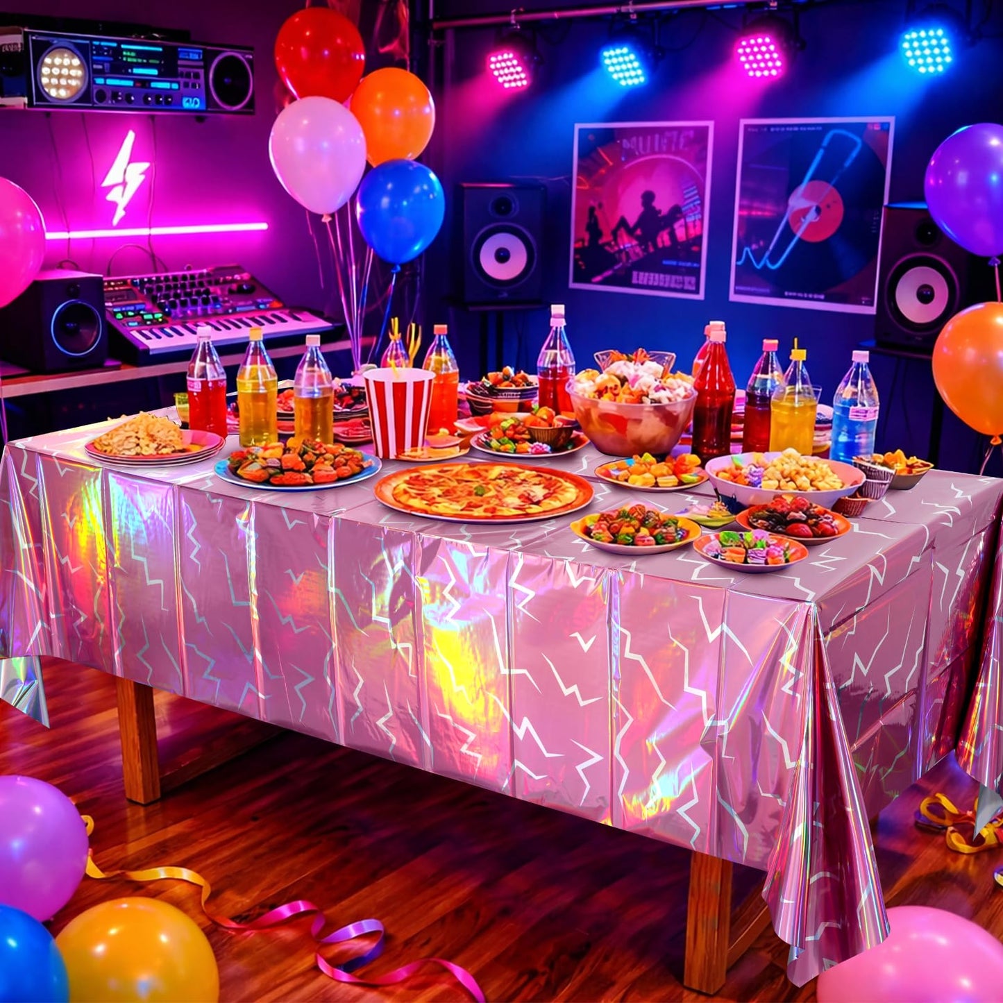 2 Pack Iridescent Pink and Purple Kpop Plastic Tablecloth 54x108 Inch, Holographic Laser Disposable Table Cover, Rectangle Pink and Purple Table Cloth for Kpop Halloween Birthday Party Decorations