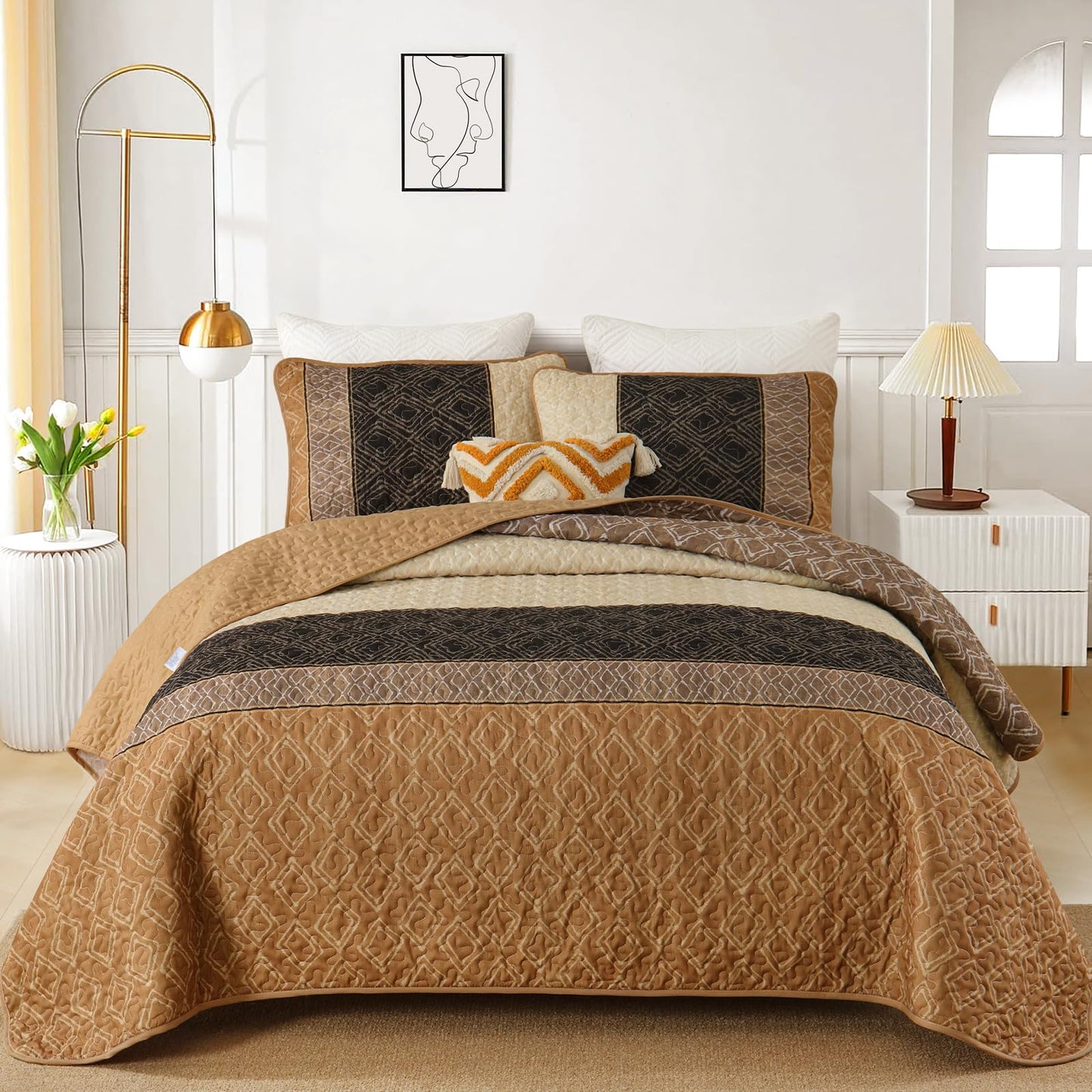 Cottolester Fall Quilt Set Queen Size 3 Pieces,Brown Striped Bedspread,Boho Plaid Bedding Set Soft Microfiber Quilt with 2 Pillow Shams 96"x90"