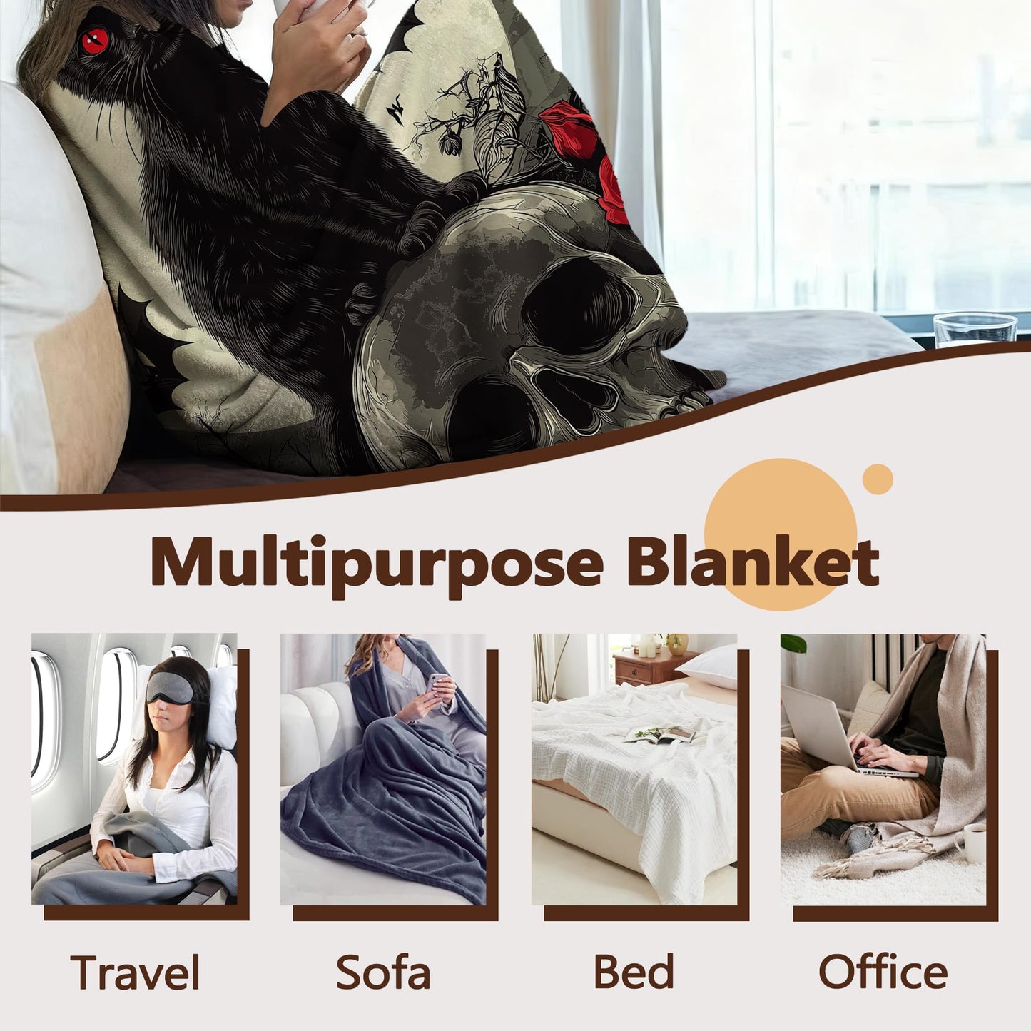Black Cat Sofa Throw Blankets,Gothic Skull Bats Flower Soft Cozy Fuzzy Lightweight Travel Blanket,Flannel Fleece Fall Throw Blanket for Couch,Bed,Camping,Movie Nights,Watching TV 50 X 60 Inch