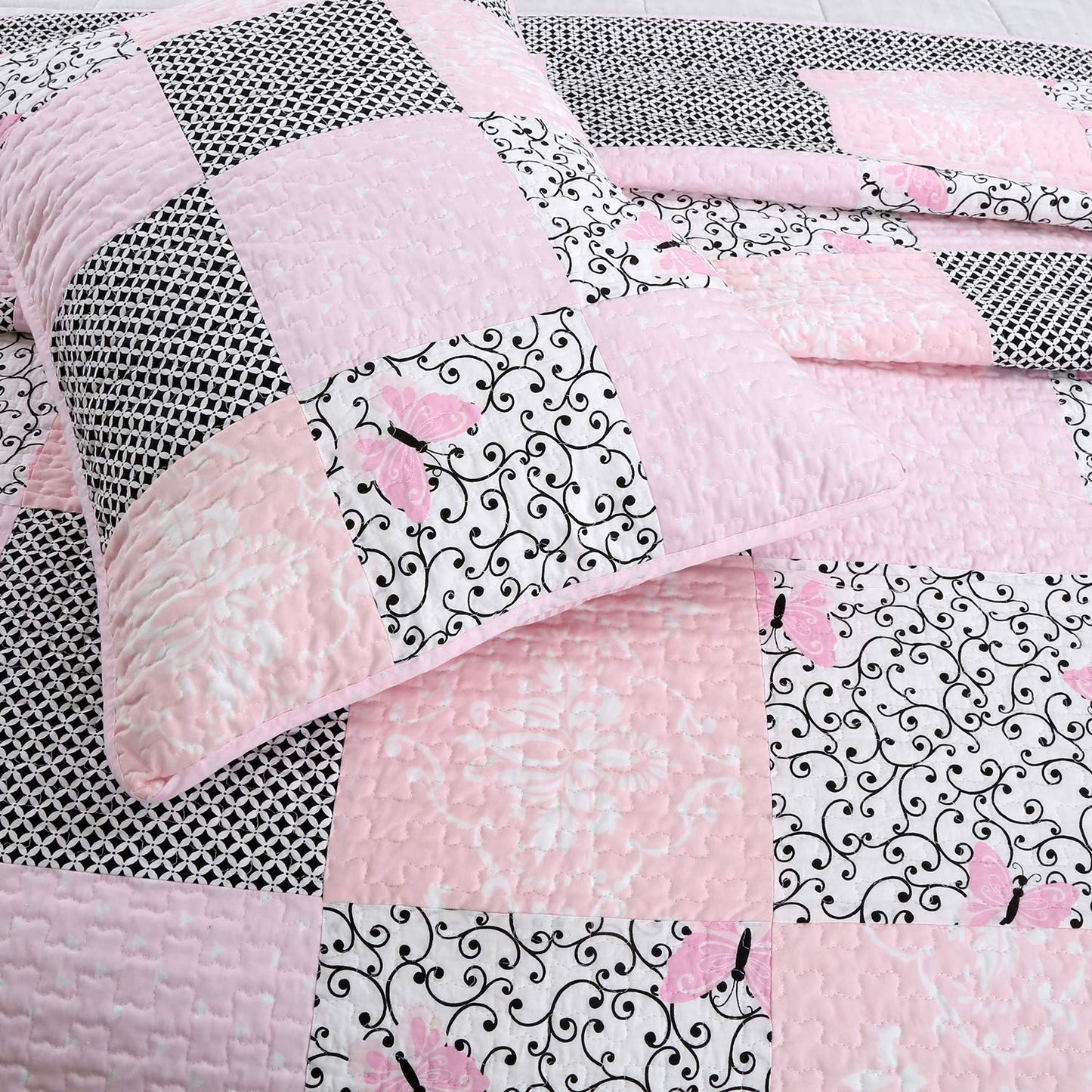 Cozy Line Home Fashions 100% Cotton Real Patchwork Floral Butterfly Shabby Chic Girly Reversible Quilt Bedding Set, Coverlet Bedspread (Black Pink, Queen - 3 Piece)