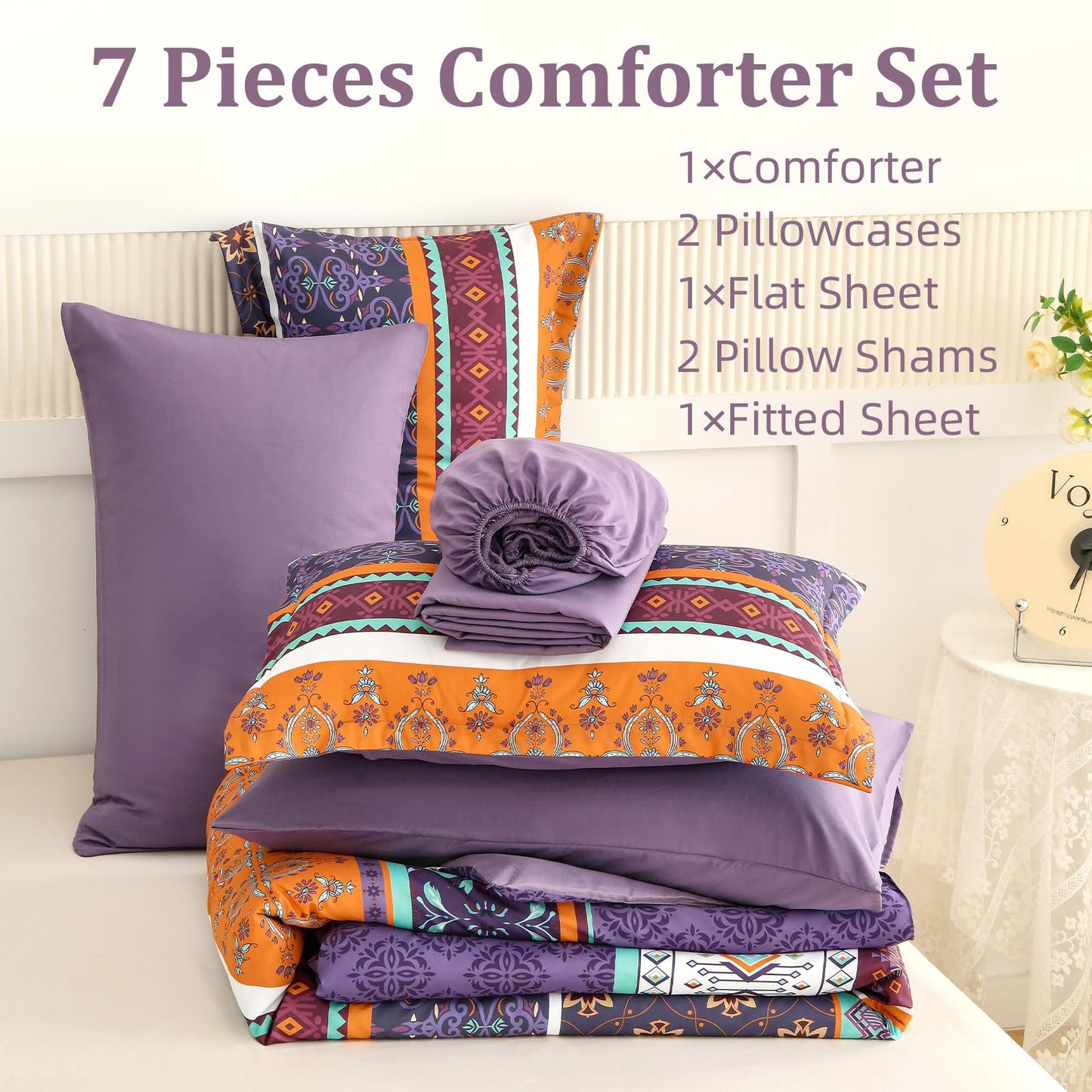 WONGS BEDDING Boho Comforter Set Queen Size,7 Pieces Bohemian Comforter Bedding Set Bed in a Bag,Purple Paisley Floral Comfortet with Sheet Set,Soft Microfiber Striped Bedding Sets for All Season