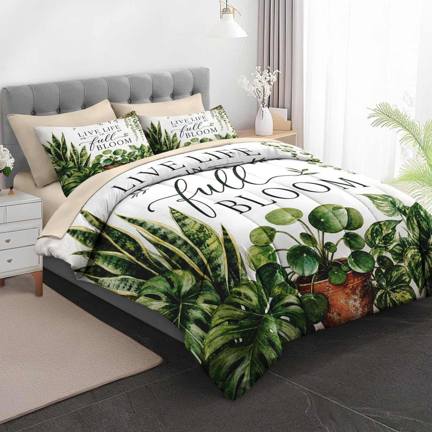 Boewywh Comforter Set Twin Size Botanical Plant Farmhouse 7 Pcs, Bedding for Kids and Adults, Bed Sheet Sets with Fitted Sheet 2 Pillowcases & 2 Shams for Bedroom Bed Decor