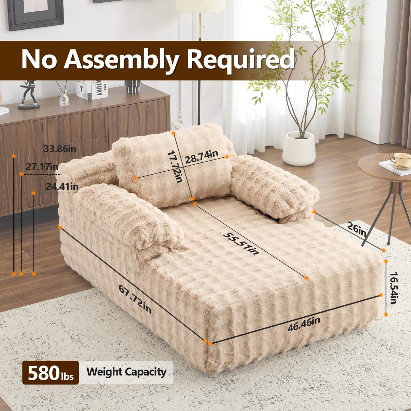 VINGLI Boneless Chaise Lounge Chair Indoor, 55.5" Deep Seat Sleeper Sofa Bed Upholstered Bubble Fleece Fabric Couches for Living Room, Bedroom, Play Room, No Assembly Required