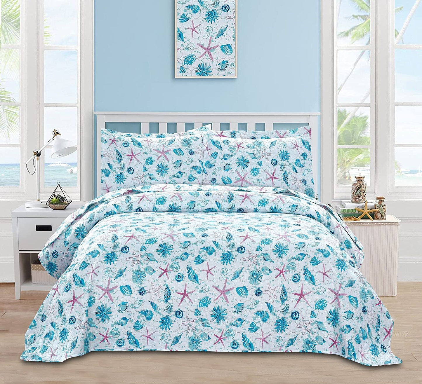King Size Quilts Bedspread Set Beach King Quilt Set Bedding Set Coastal Summer Ocean Quilts Collection Bedding Beach Bedspread Coverlet Reversible Lightweight Bedding Pink Starfish Aqua Home Quilt Set