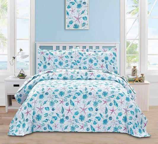 King Size Quilts Bedspread Set Beach King Quilt Set Bedding Set Coastal Summer Ocean Quilts Collection Bedding Beach Bedspread Coverlet Reversible Lightweight Bedding Pink Starfish Aqua Home Quilt Set