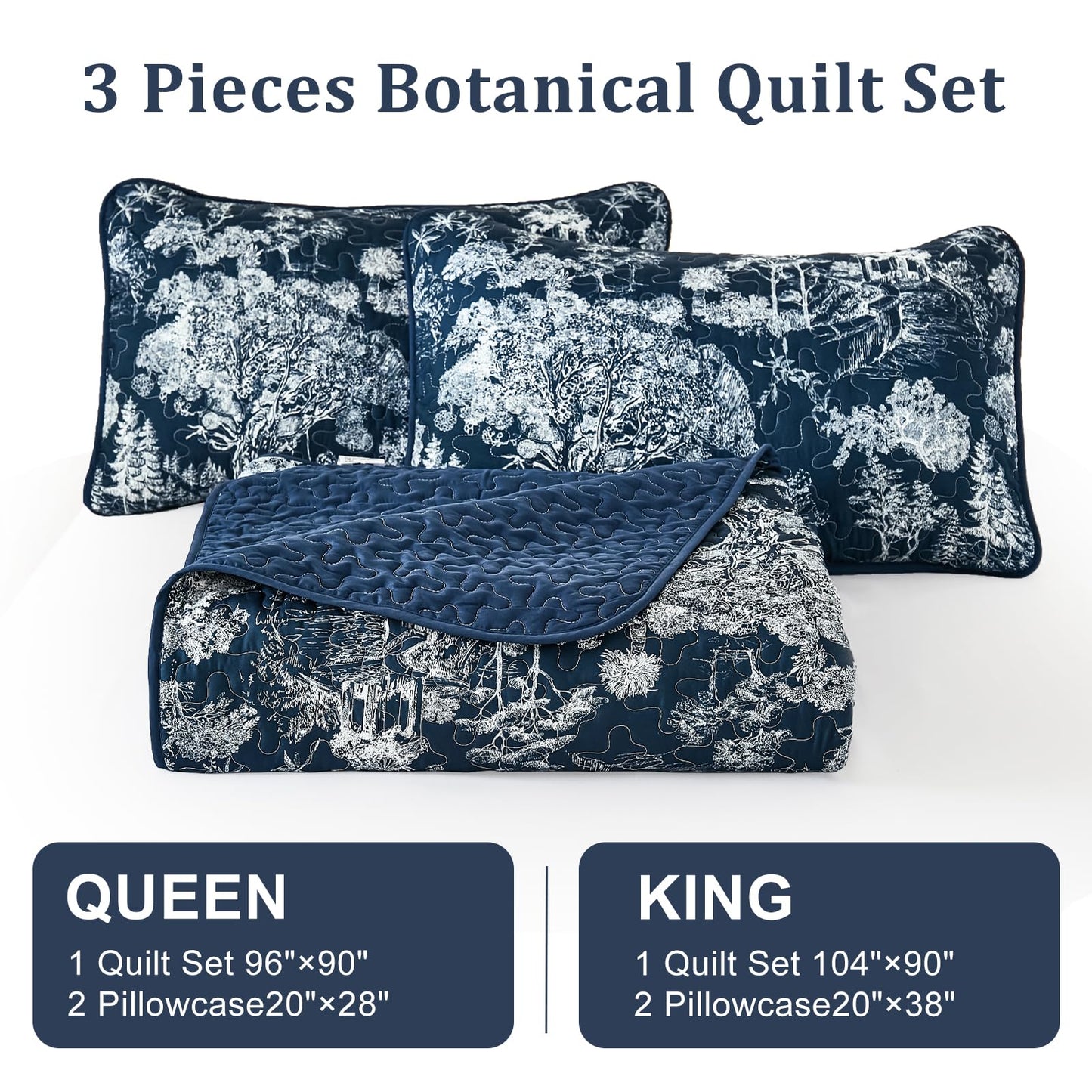 WONGS BEDDING Quilt Set Queen Size,3 Pieces Navy Blue Floral Plants Printed Bedspread Coverlet Set Soft Lightweight Toile Botanical Bedding Set for All Season (96"x90")