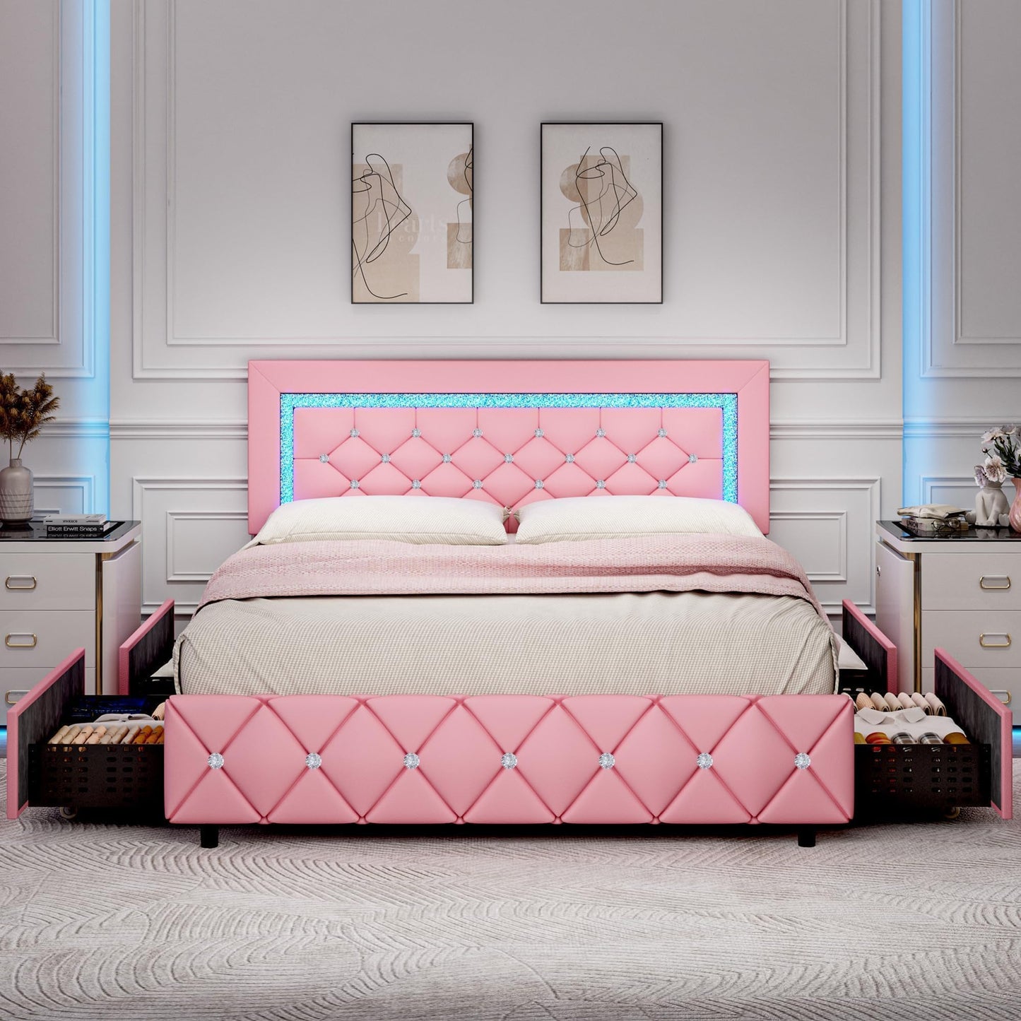 BarnFurin Full Size Bed Frame with LED Lights, Upholstered Bed Frame with Storage Drawers, Princess Platform Bed with Diamond Headboard and Footboard, No Box Spring Needed, Pink