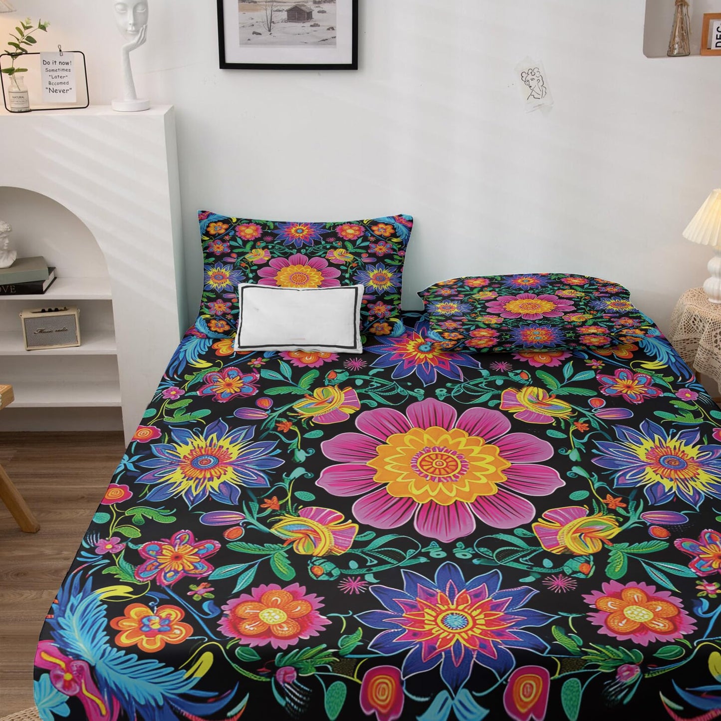 NOGAWA Mexican Floral Sheets Queen Size, Colorful Flower Bed Sheets, Patterned Bedding Sheets & Pillowcases 4 Piece Set - Soft Microfiber Deep Pocket Fitted Sheet & Flat Sheet & 2 Pillow Cases