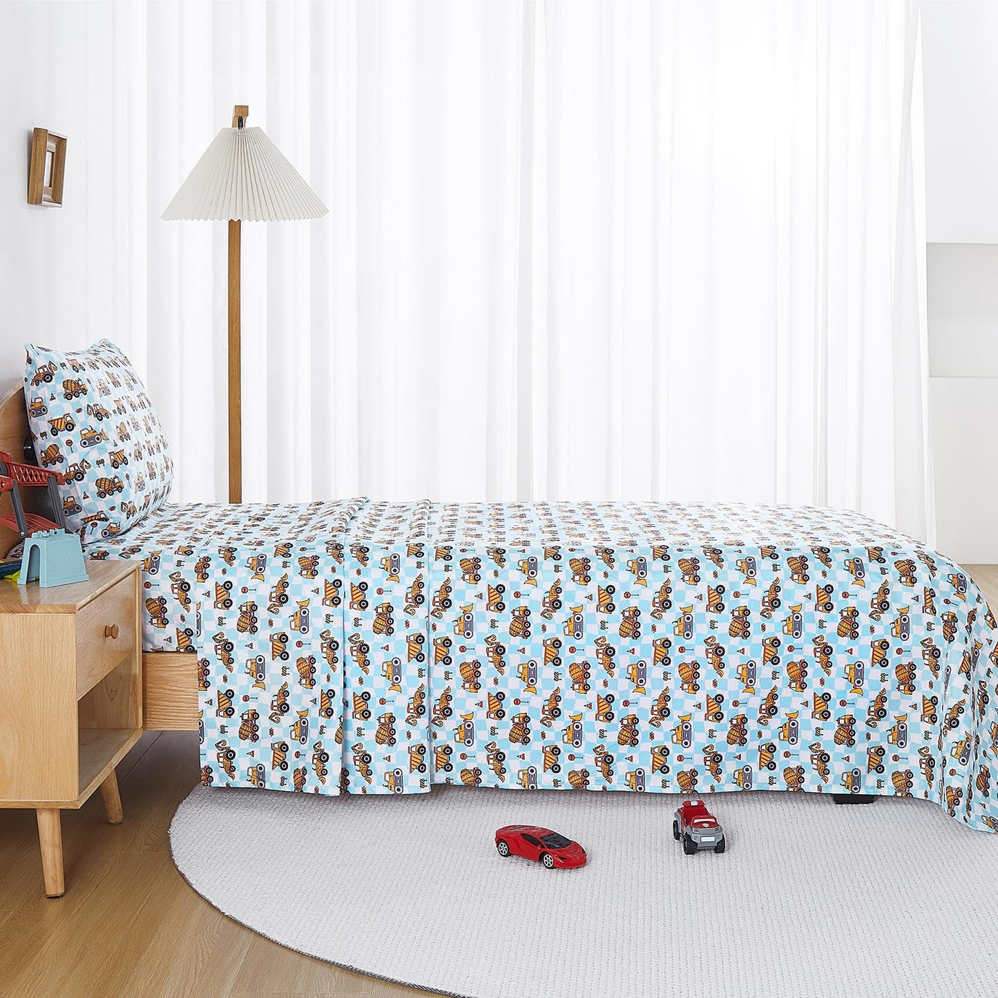 lasoftan Kids Sheet Set Twin Size, Twin Sheet Set with Grid Excavator Pattern，Breathable Silky Soft Microfiber Kids Fitted Sheet