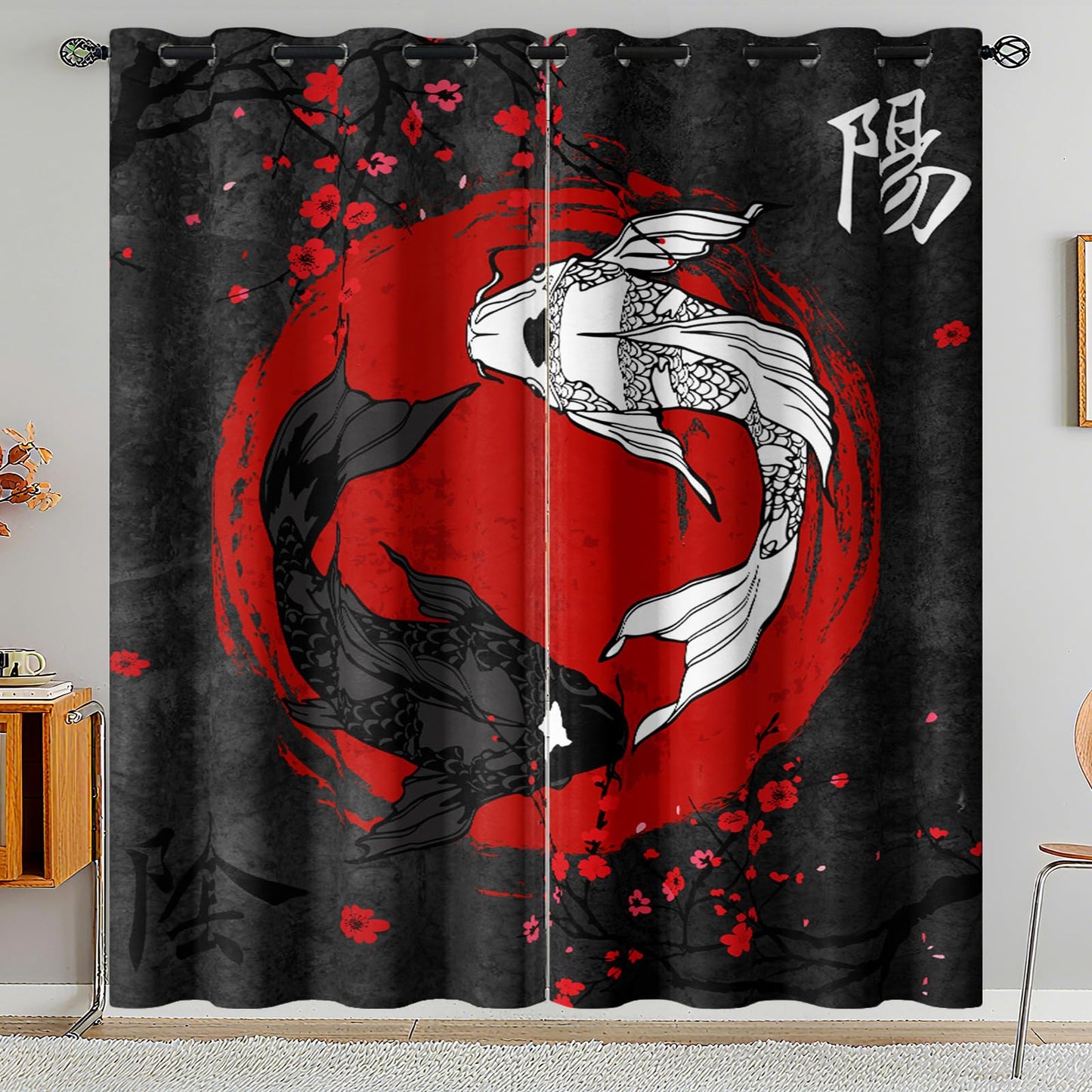 Sanzugh Japanese Anime Blackout Curtains 84 Inch Long 2 Panels Set, Cool Black and Red Yin Yang Black Out Patterned Printed Window Curtain for Men Boys Bedroom Living Room, Grommet Window Drapes